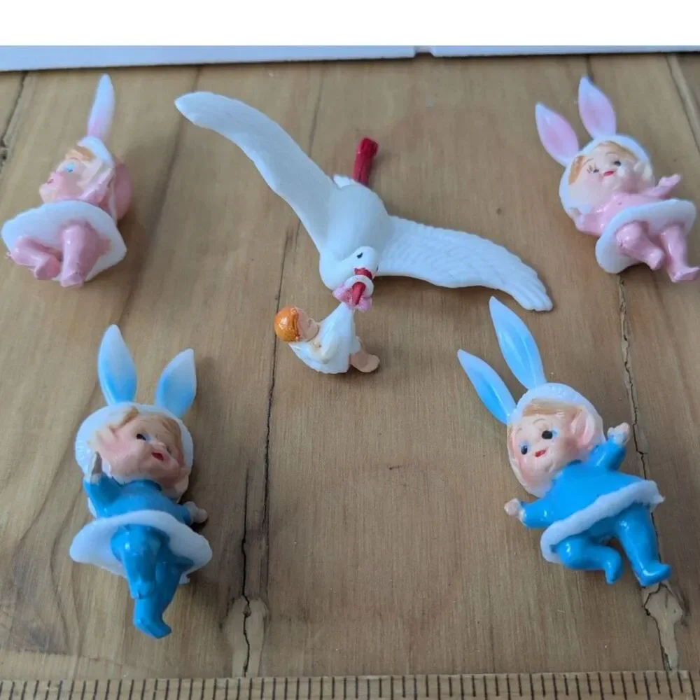 5 pcs Vintage baby shower cake topper mini figurines - Blue, pink bunnies, stork